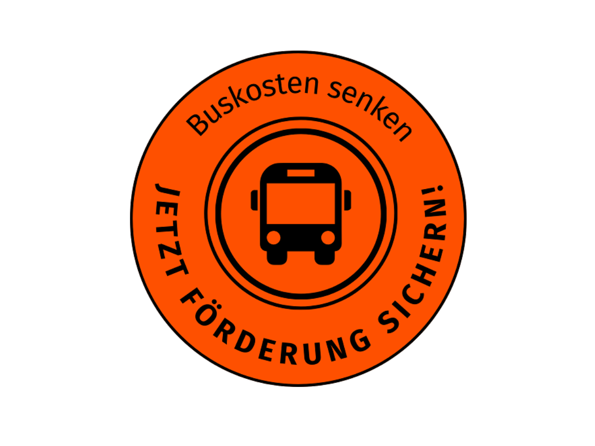 Orangenes Bus-Icon mit dem Titel "Buskosten senken - Jetzt Förderung sichern!"